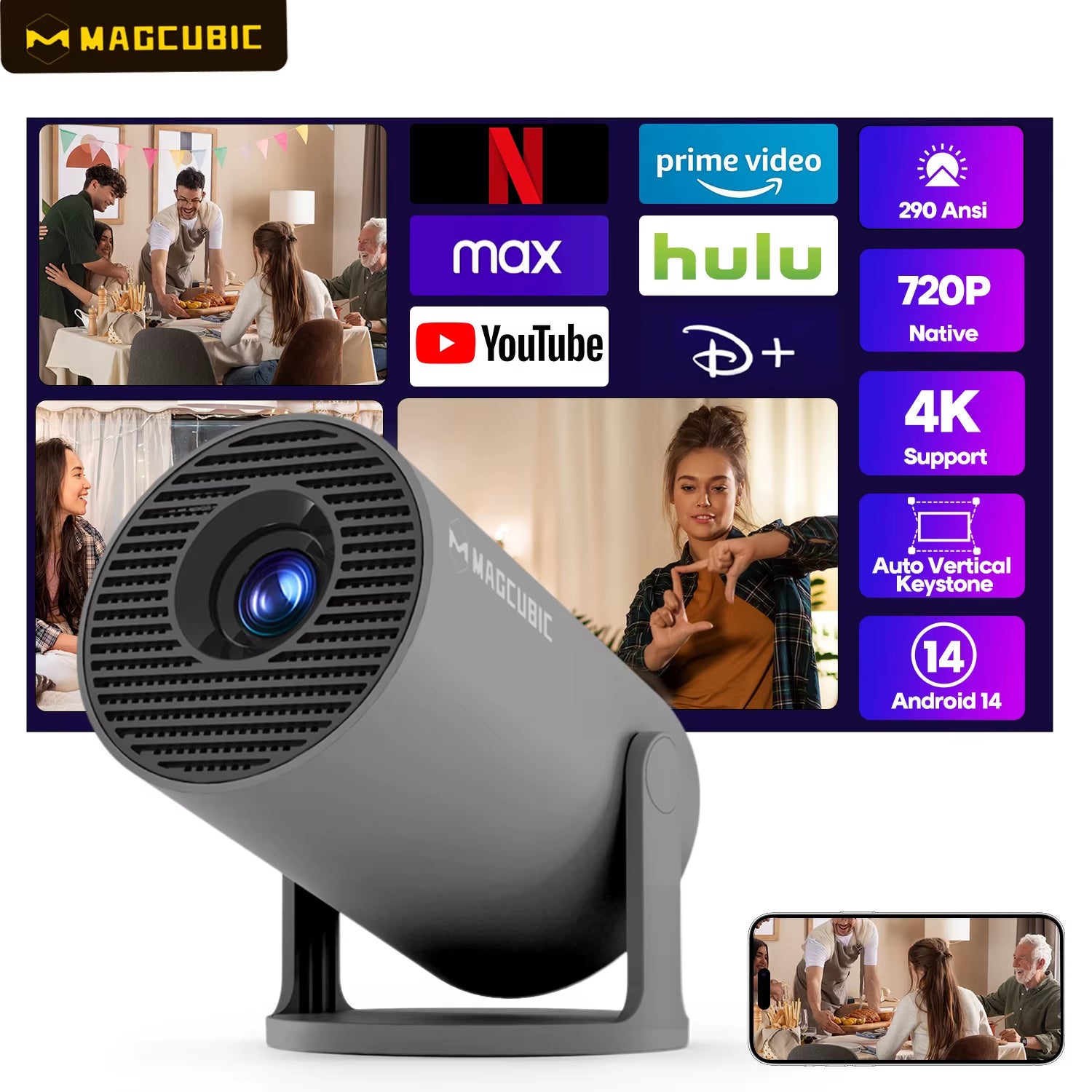 Projector 4K Android 14 HY300 Pro Dual Wifi6 290ANSI Allwinner H726 BT5.4 1280*720P Cinema Outdoor Portable Projetor